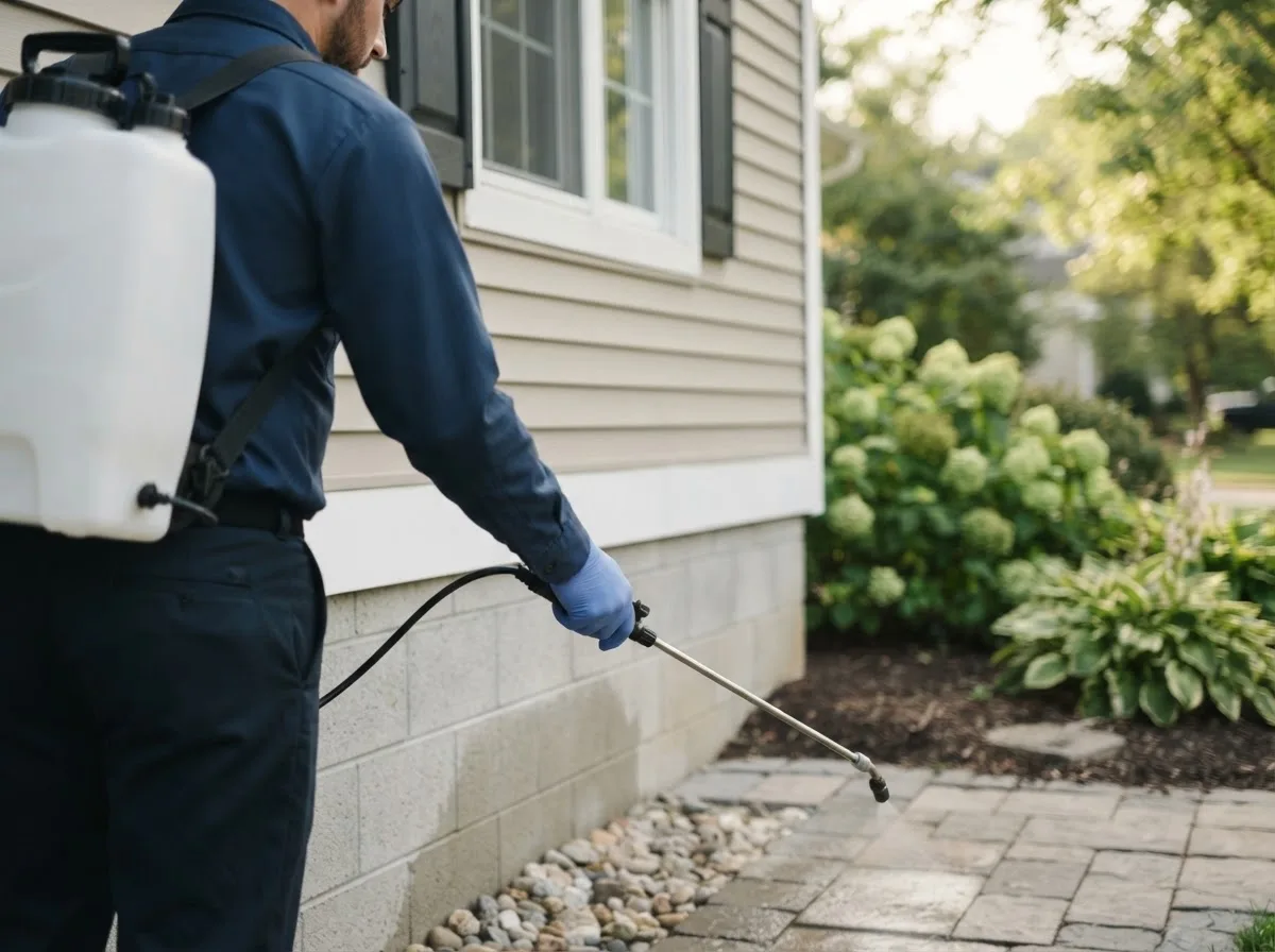 Pest control technician inspecting a home in Coalport, PA